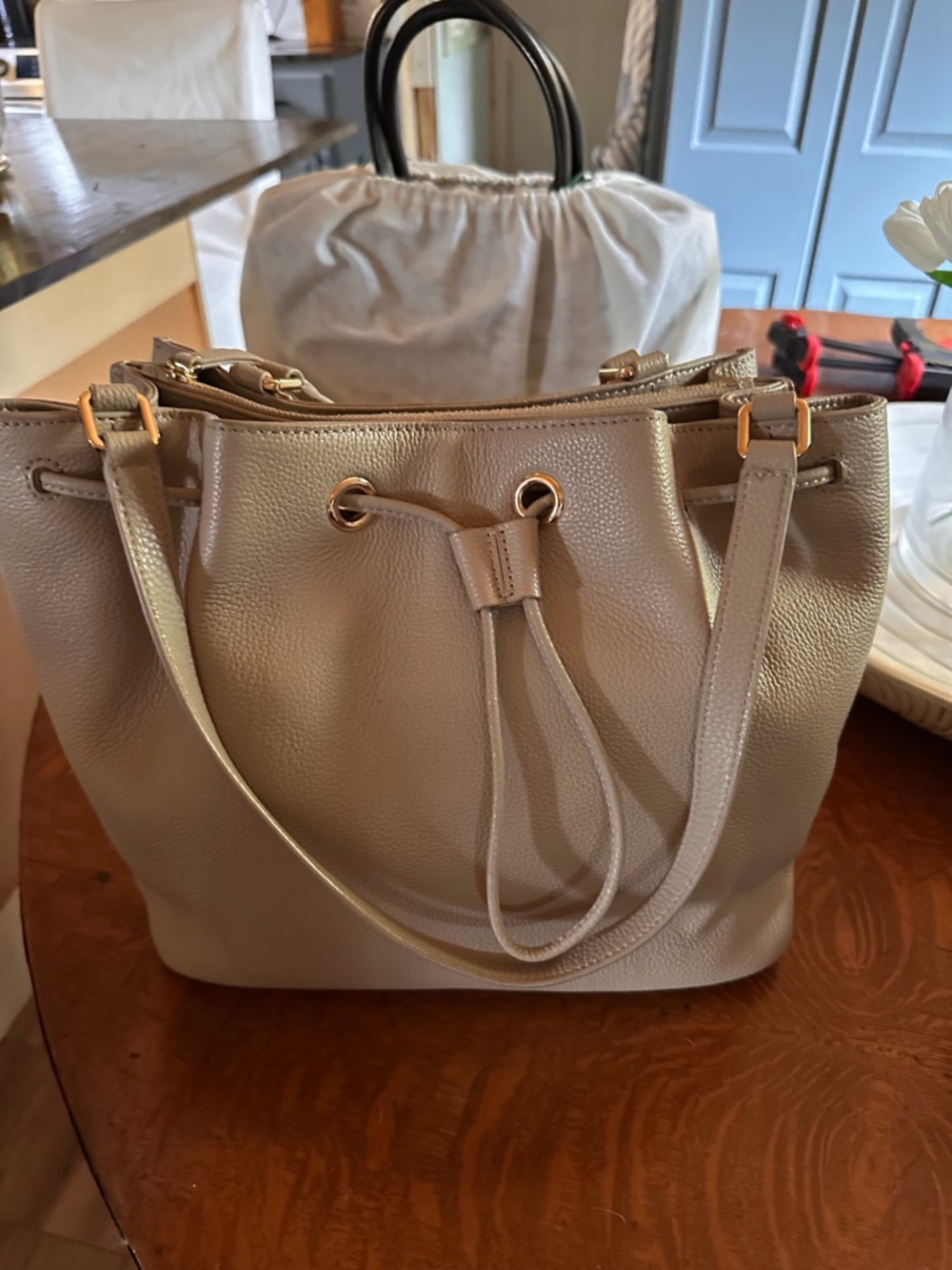 Quince Taupe Drawstring Shoulder Bag with Gold Hardware